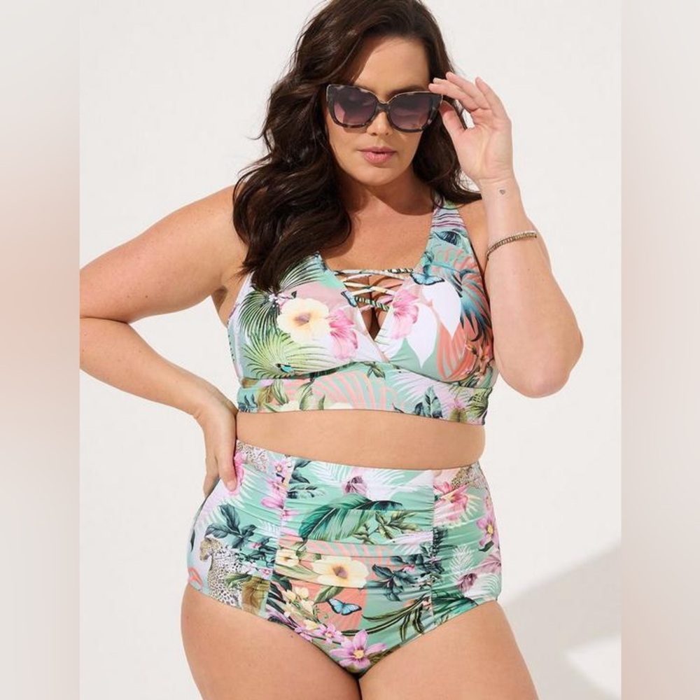 torrid Tropical Floral Crisscross High Waist Bikini in Mint & Coral